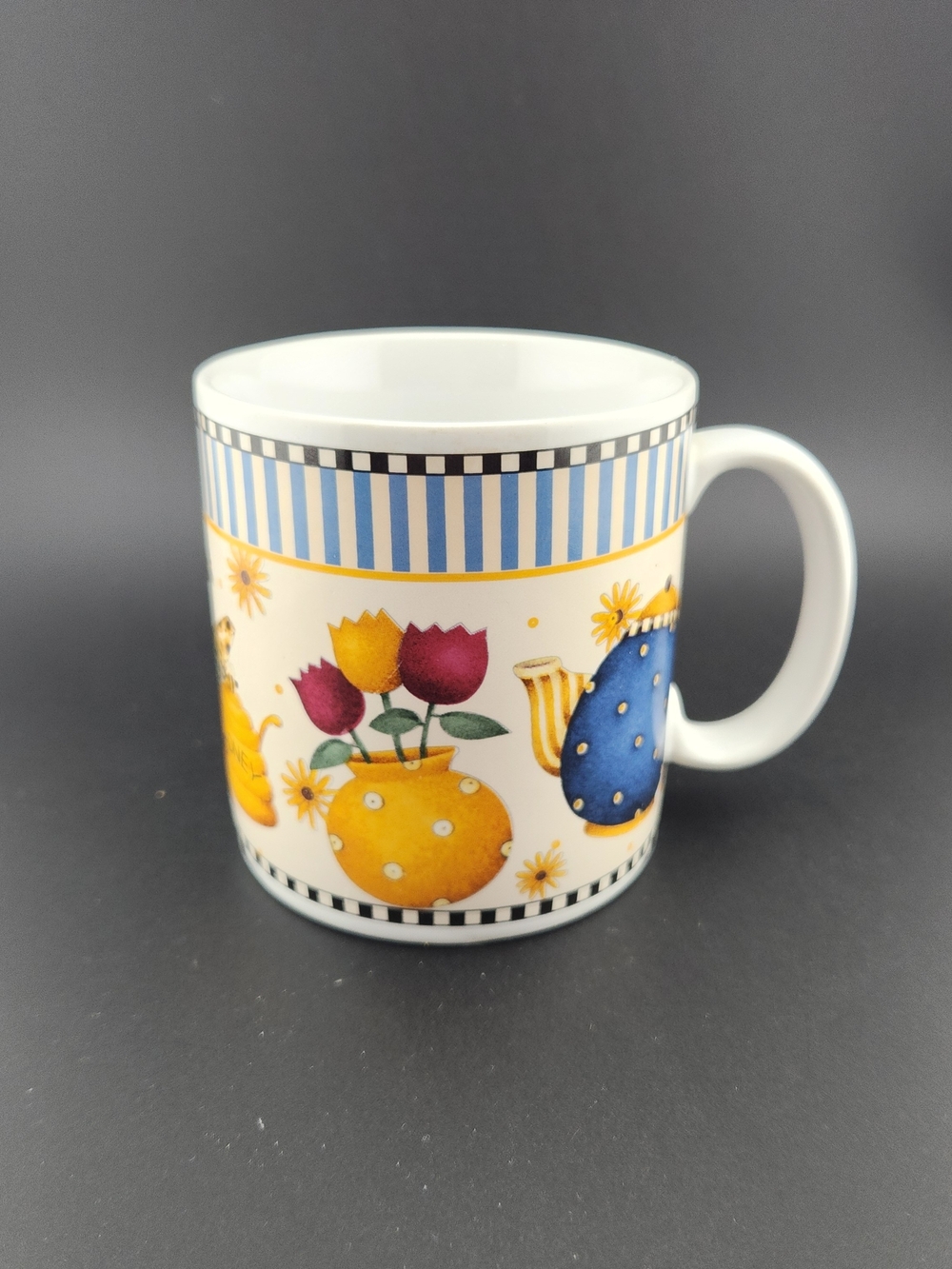 Sakura Debbie Mumm Ceramic Mug with Teapot, Yellow & Red Floral Accents